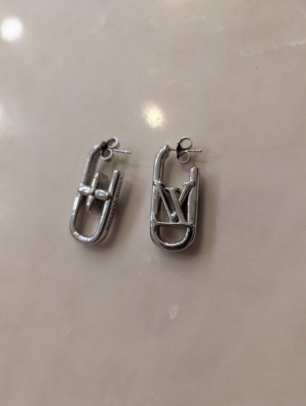 Louis Vuitton Silver LV Lock Hoop Earrings for Men